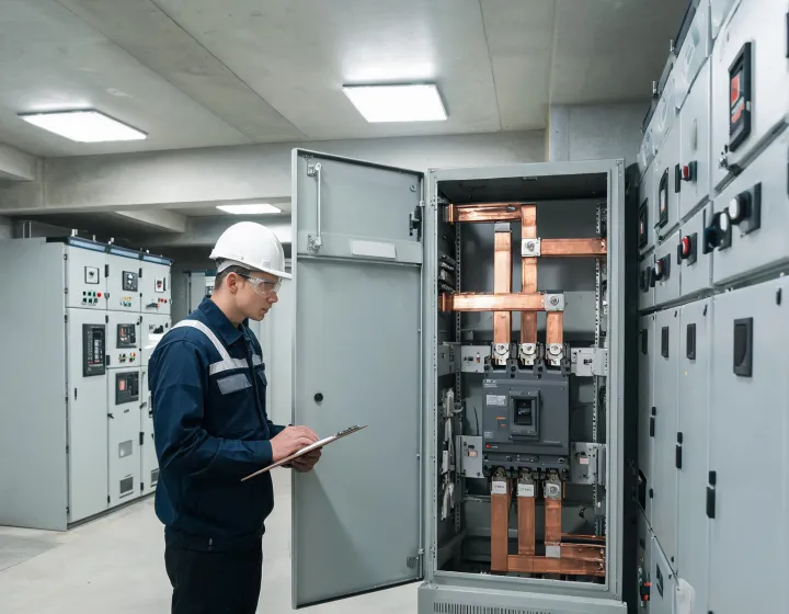 Technician verifying molded-case circuit breakers in a low-voltage switchboard
